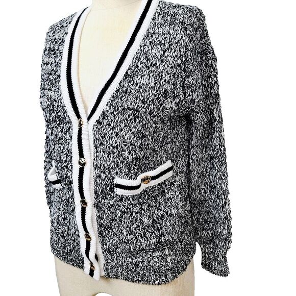 Anthropologie Maeve Tweed Boyfriend Cardigan Sweater XSP Black White Marled Knit - Picture 2 of 10